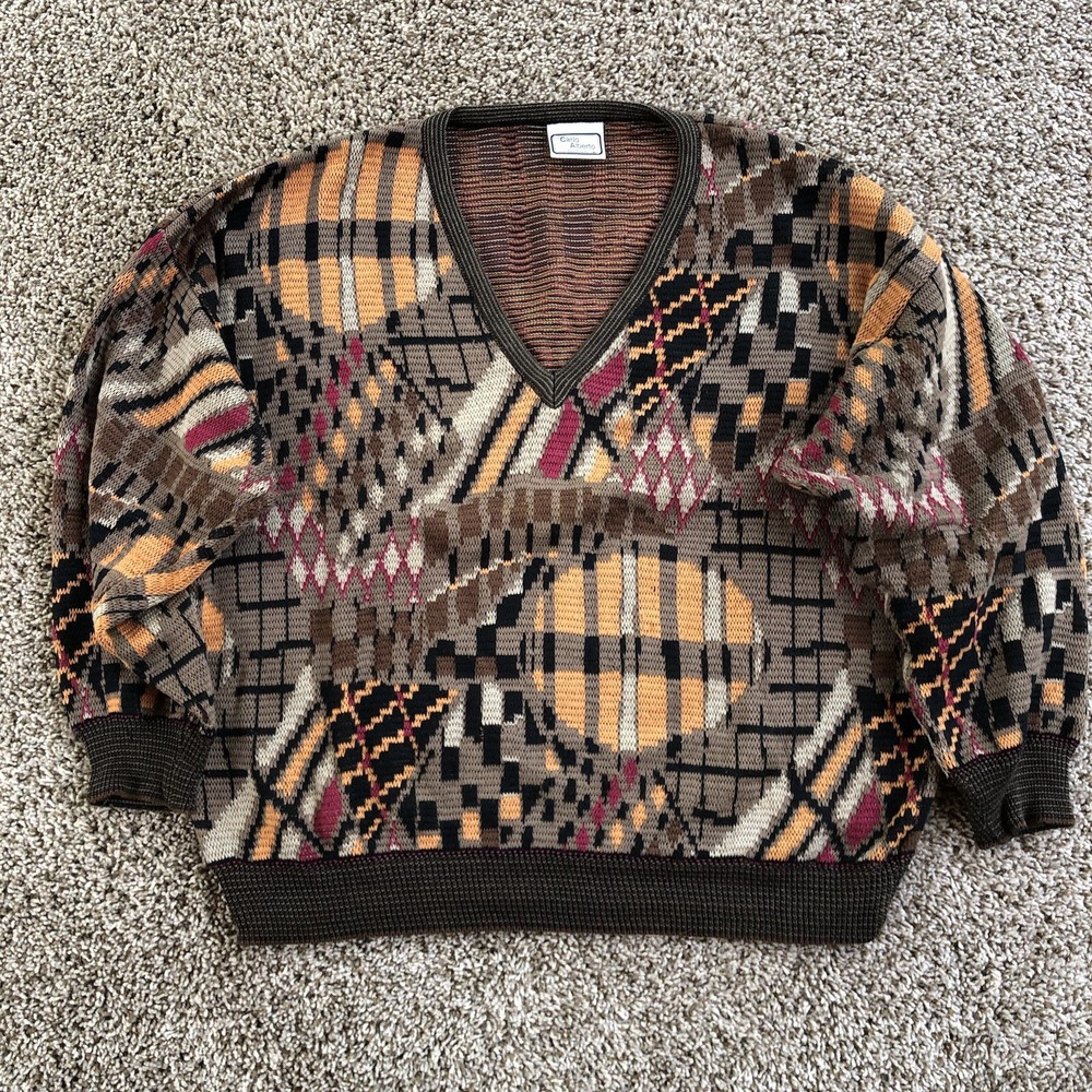 Carlo Alberto Abstract 3D Knit V Neck Pullover Sweater Size L Made In Australia
